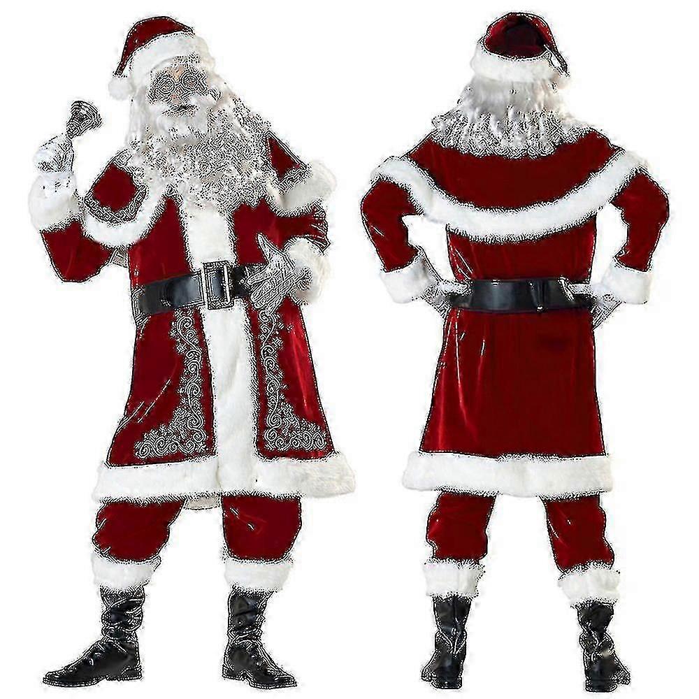 サンタクローススーツアダルトクリスマスコスチュームレッドデラックスベルベットファンシー8pcs S X f74