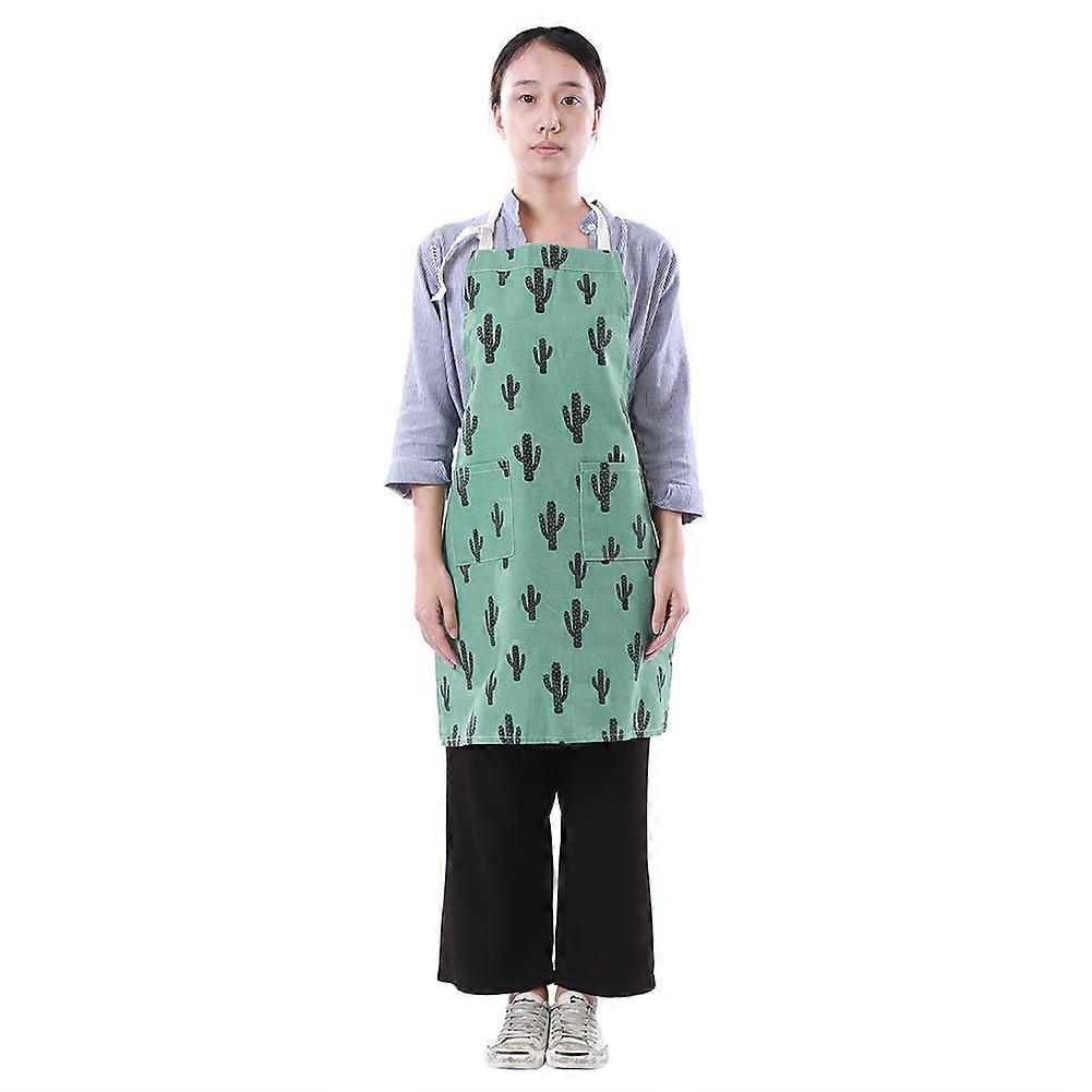 Unisex Kitchen Apron With Pocket Cotton-Linen Blend Cactus Pattern One Size For Cooking And Cleaning