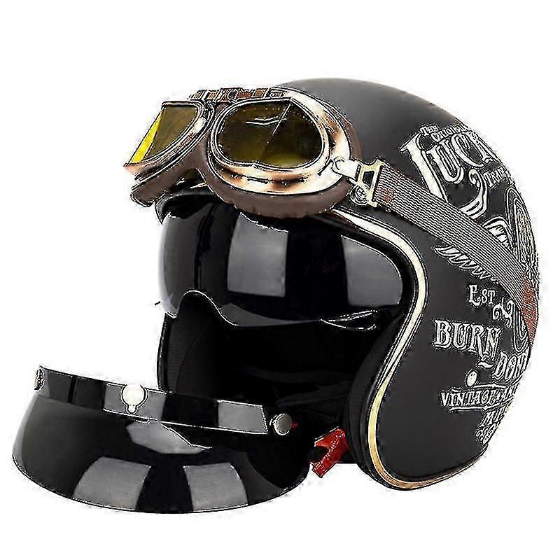 Kaski motocyklowe retro z otwartą twarzą 3/4 dla dorosłych z goglami i osłoną przeciwsłoneczną (lucky 13)