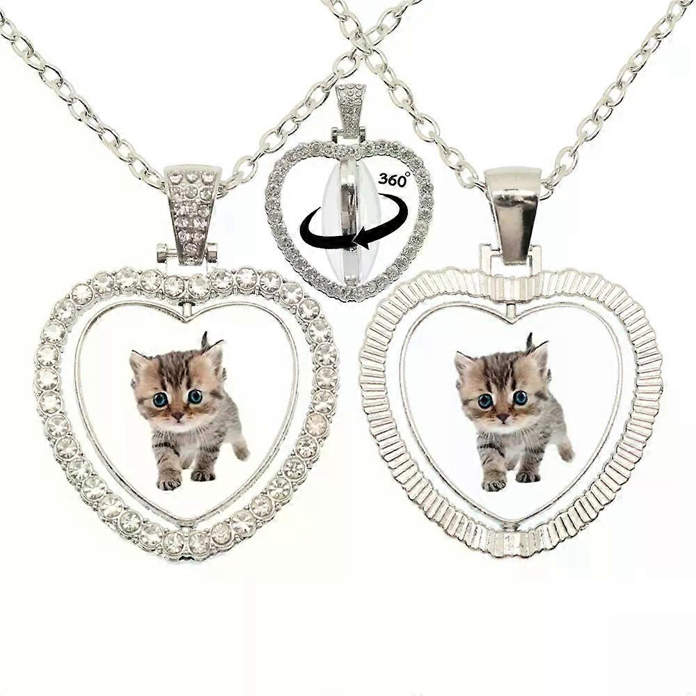 יפה קטן חתול זכוכית Cabochon 360 מעלות מסתובב לב בצורת תליון עם דו צדדי שרשרת עבור בנות יום הולדת מתנה Je