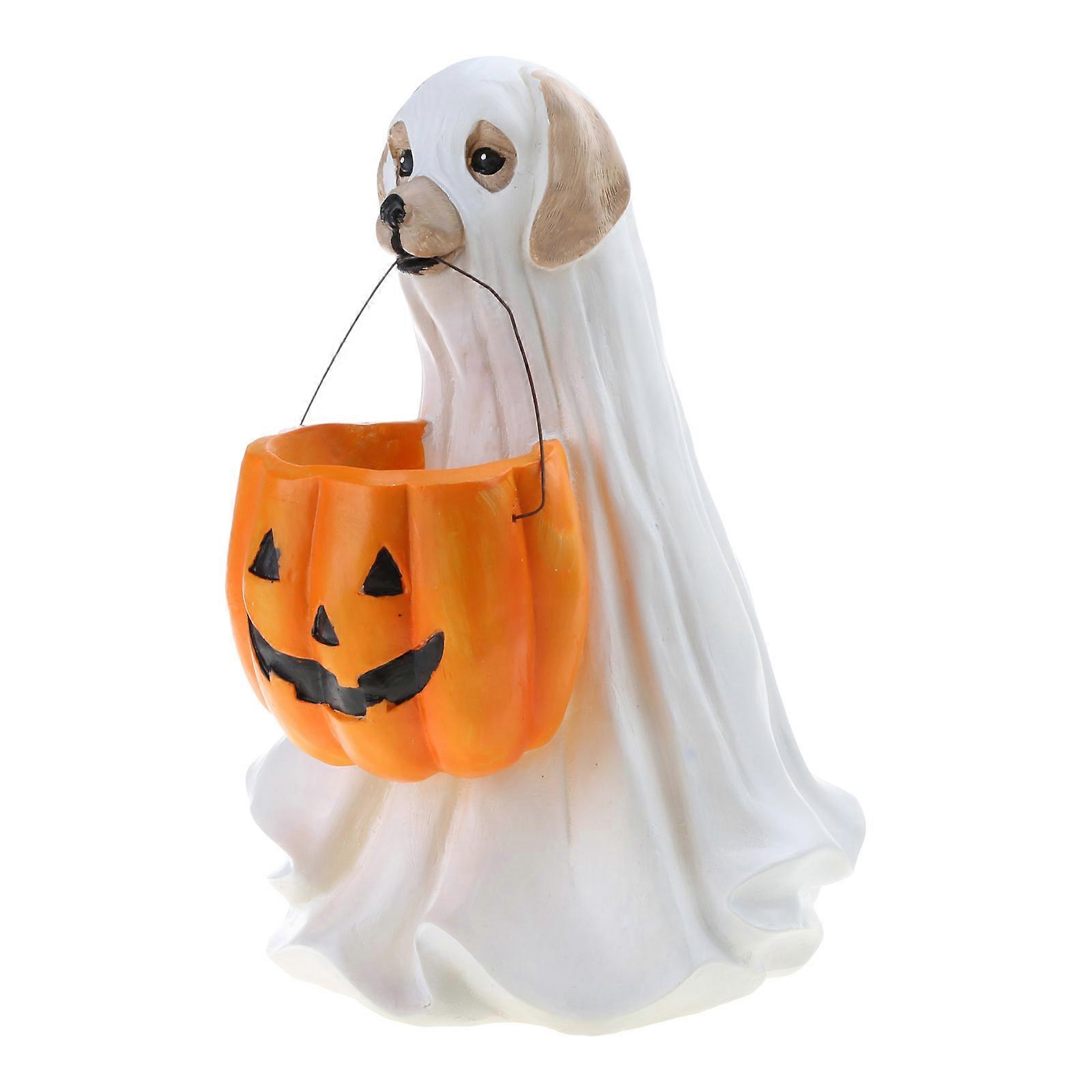 Halloween Ghost Dog per Gatto Statua con Zucca Candy Bowl Resina Trick Treat Dec