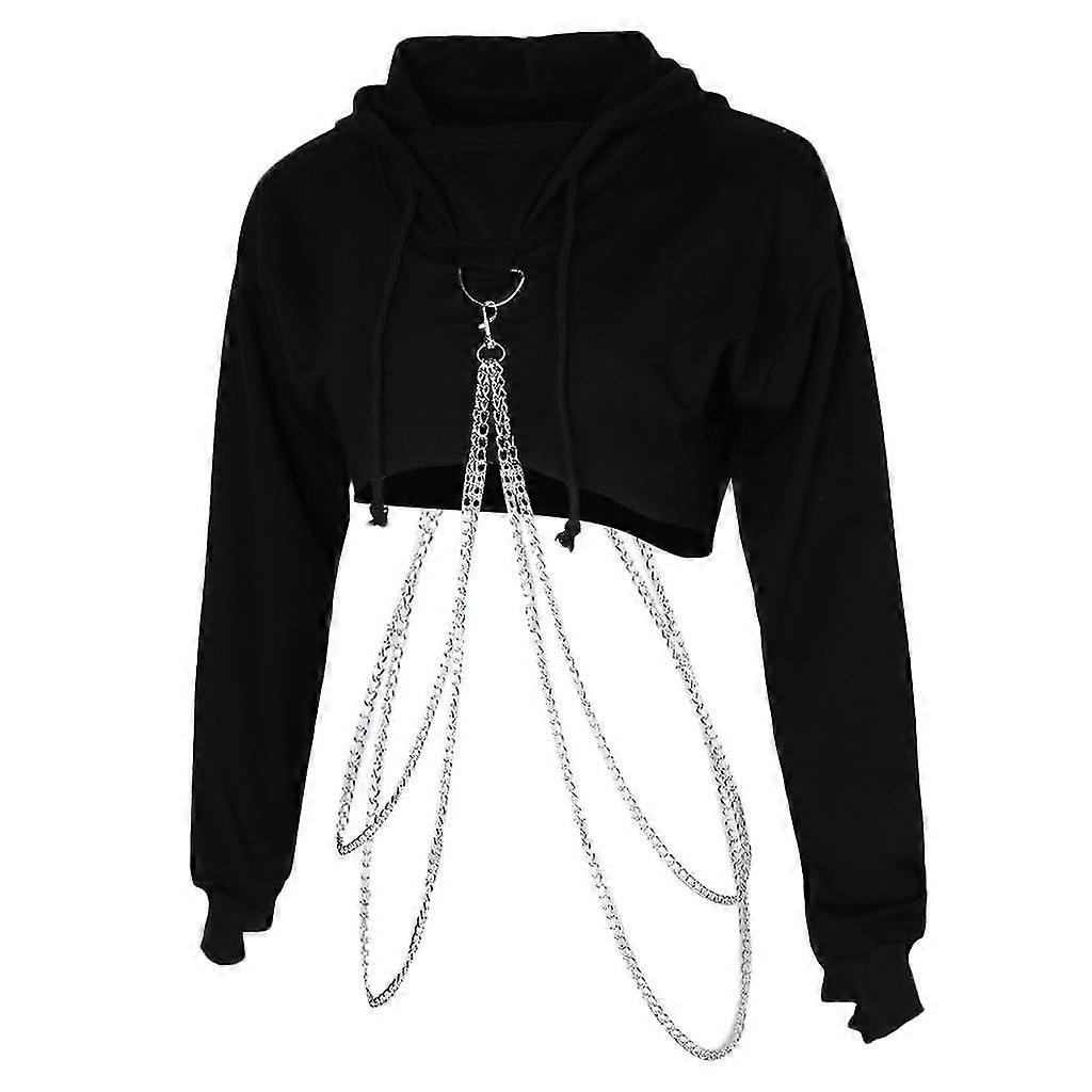 Langarm-Pullover-Kapuzenpullover mit Metallkette und Crop-Top-Design