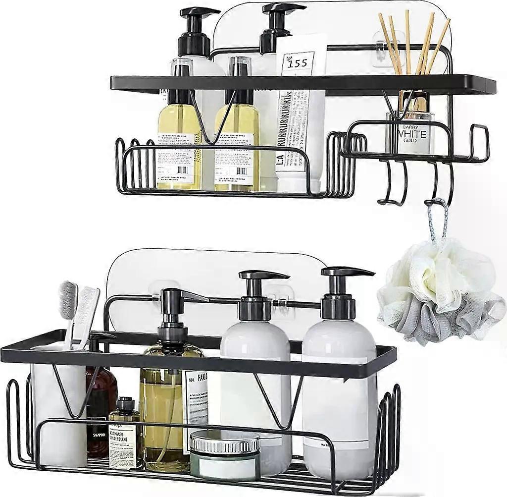 2-teiliges No-Drill Duschablagen-Set mit 8 Haken, Edelstahl, selbstklebend für Bad & Küche, Shampoohalter, 6kg Belastung, schwarz