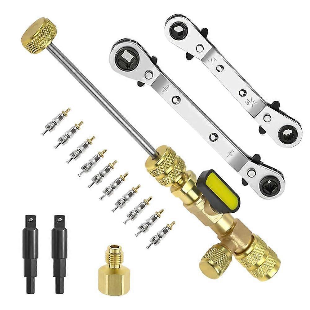 Valve Core Remover, Installer Tool, HVAC Service Wrench Set With Hex Adapters, SAE 1/4 & 5/16 Ports, 10 Pcs Valve Core