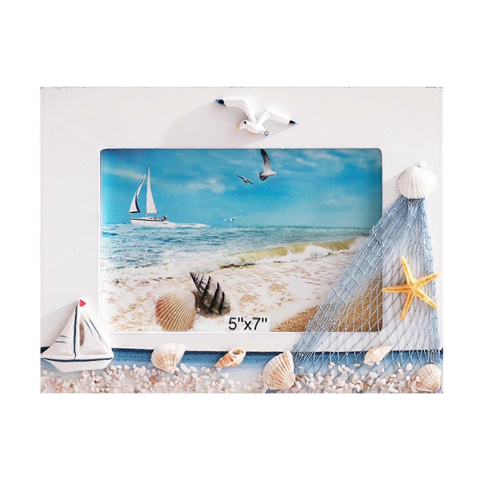 Wooden Picture Frame 7x5 with Stand, Mediterranean Nautical Design Sea Star Seagull, Tabletop Photo Display