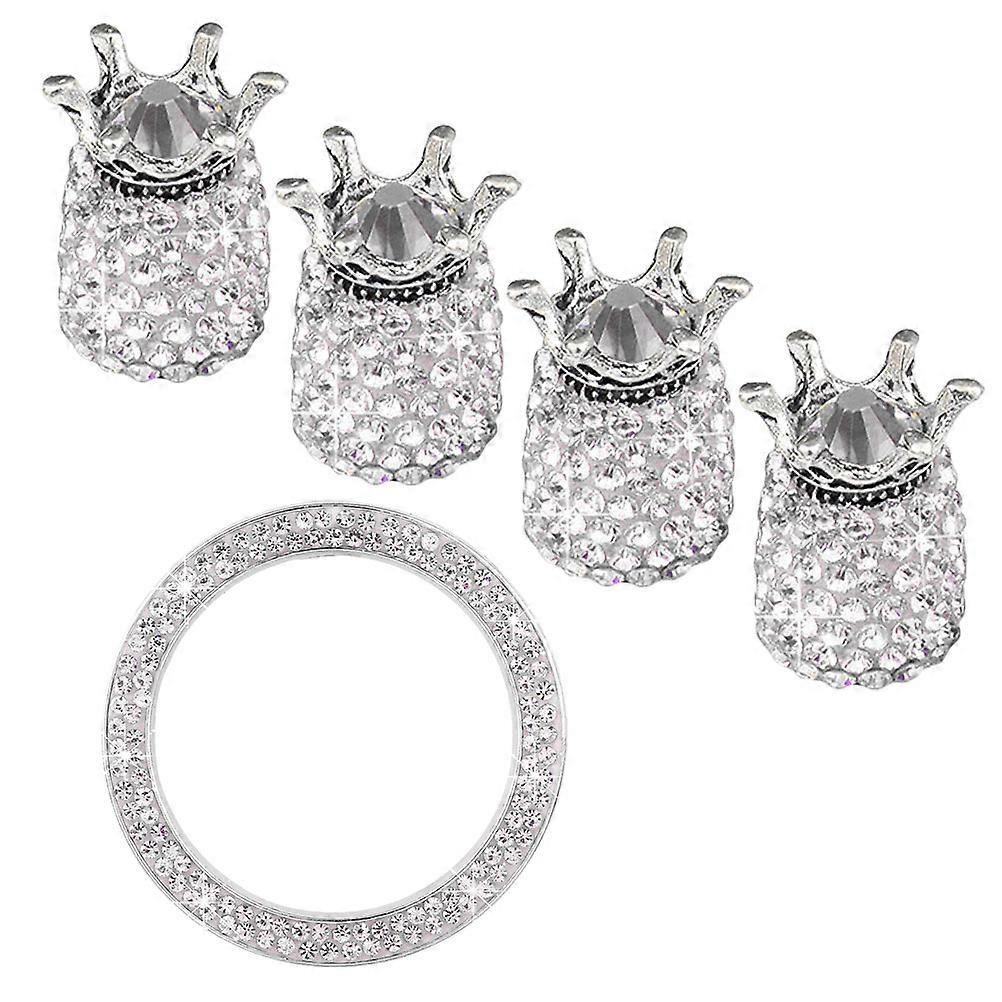 5PCS Car Valve Caps Set with Rhinestone Ignition Button Ring Tire Dust Protection Stem Caps Durable Sparkling Auto Start Key Decoration