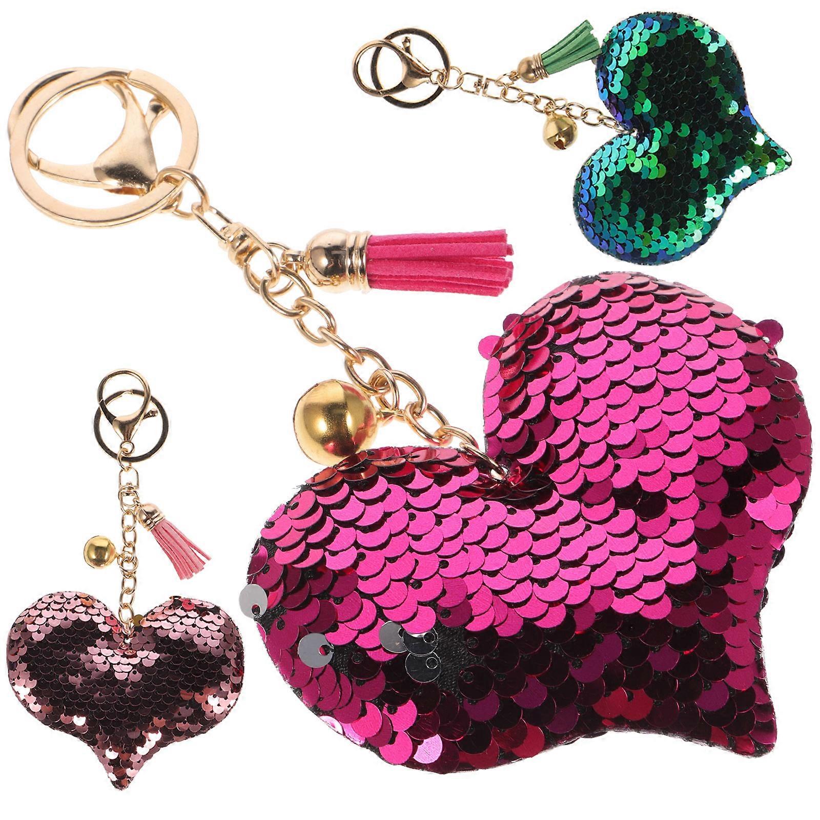 Heart Shape Keyring present Giving Green Sequins Bag Decoration 3Pcs Women Keyring