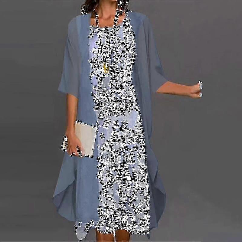 Damen Bohemian-Kleid mit Strickjacke, lässig, mit Blumenmuster, zweiteilige Kleider