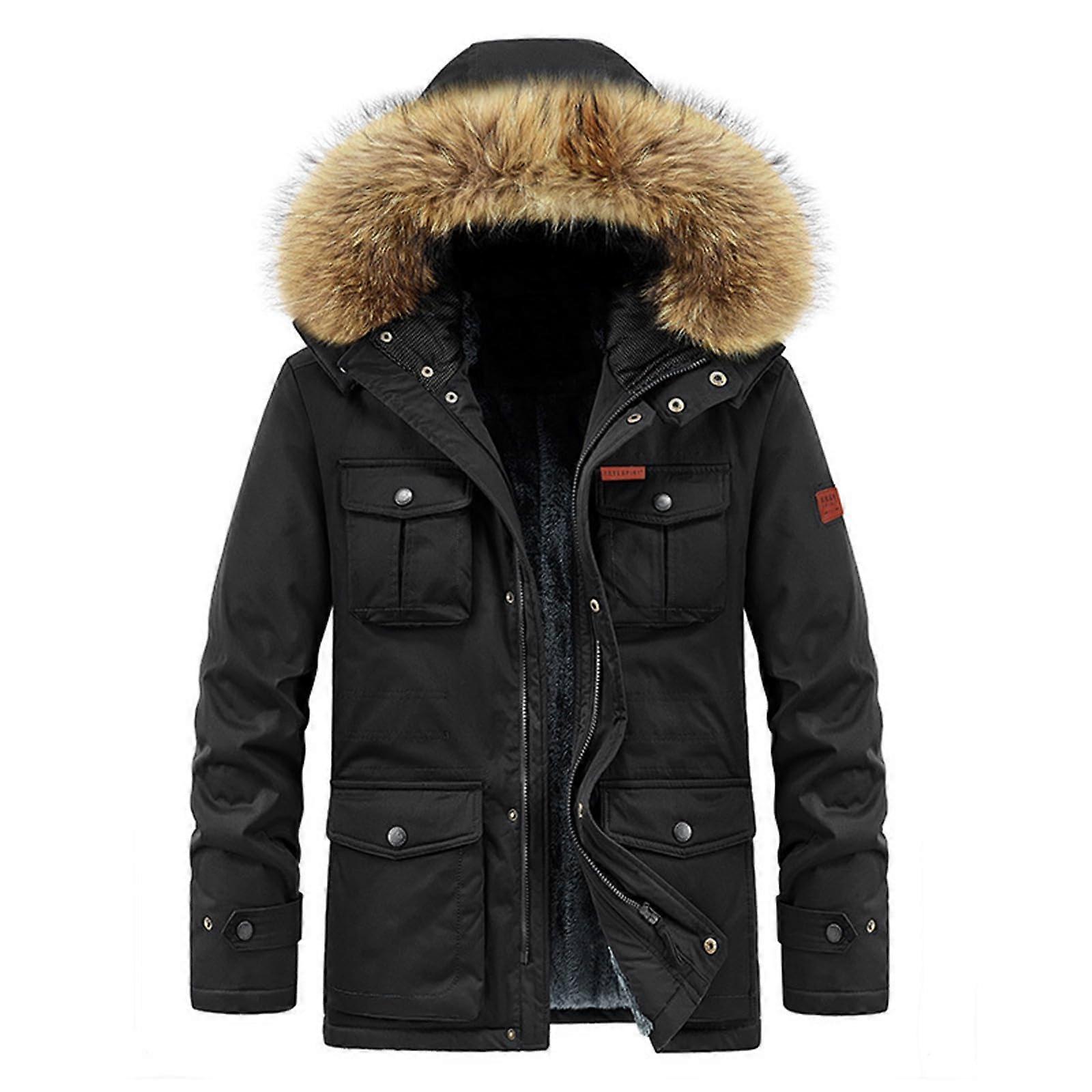 Herren Wintermantel Lang Dickes Fleecefutter Parka Übergangsjacke Schwarz 4XL