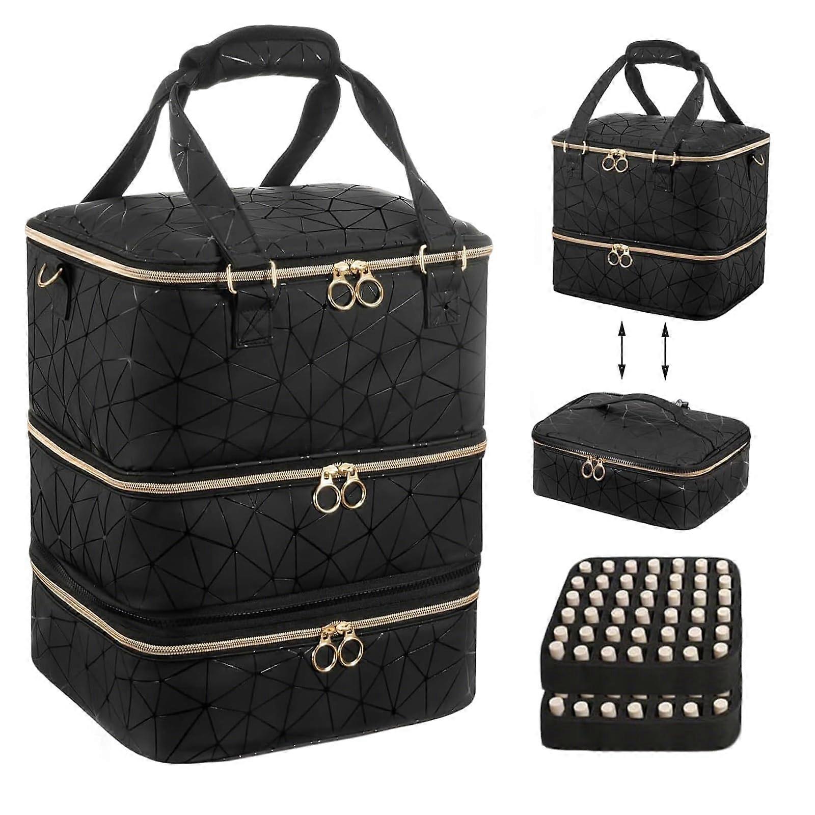 Nail Polish Organiser, Nail Polish Storage for 84 Nail Polish Bottles and 1 LED Nail Lamp, 3 Levels Make Up Bag, Black