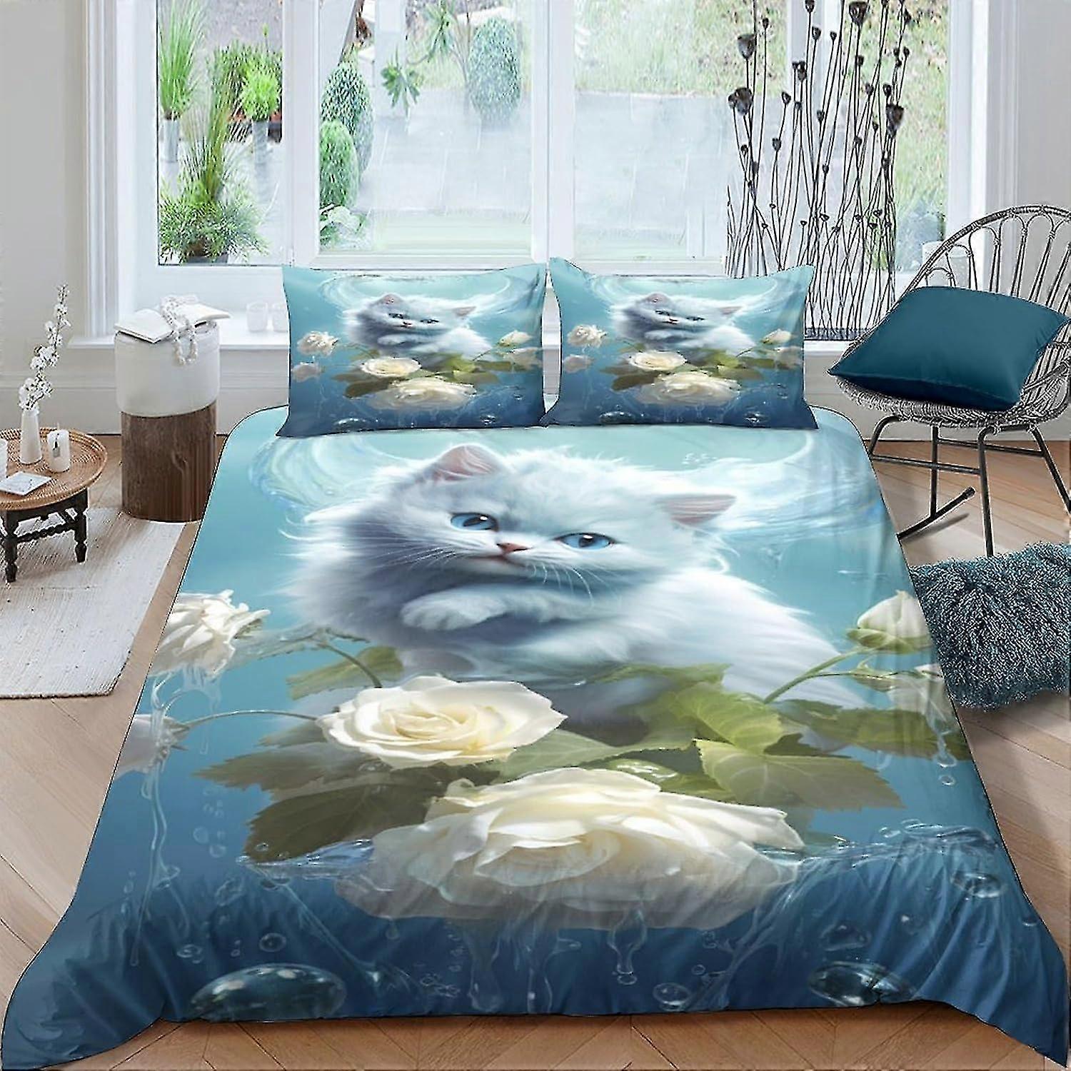 Cute Cat Duvet Cover Bedding Set for Kids and Teens - 3 Piece Comforter Cover with Zipper Closure, Soft Microfiber