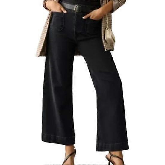 Women Jeans High Waist Stretchy Flared Hem Washed Multi Pockets Solid Color Retro Ankle Length Loose Long Trousers Commute Travel Pants