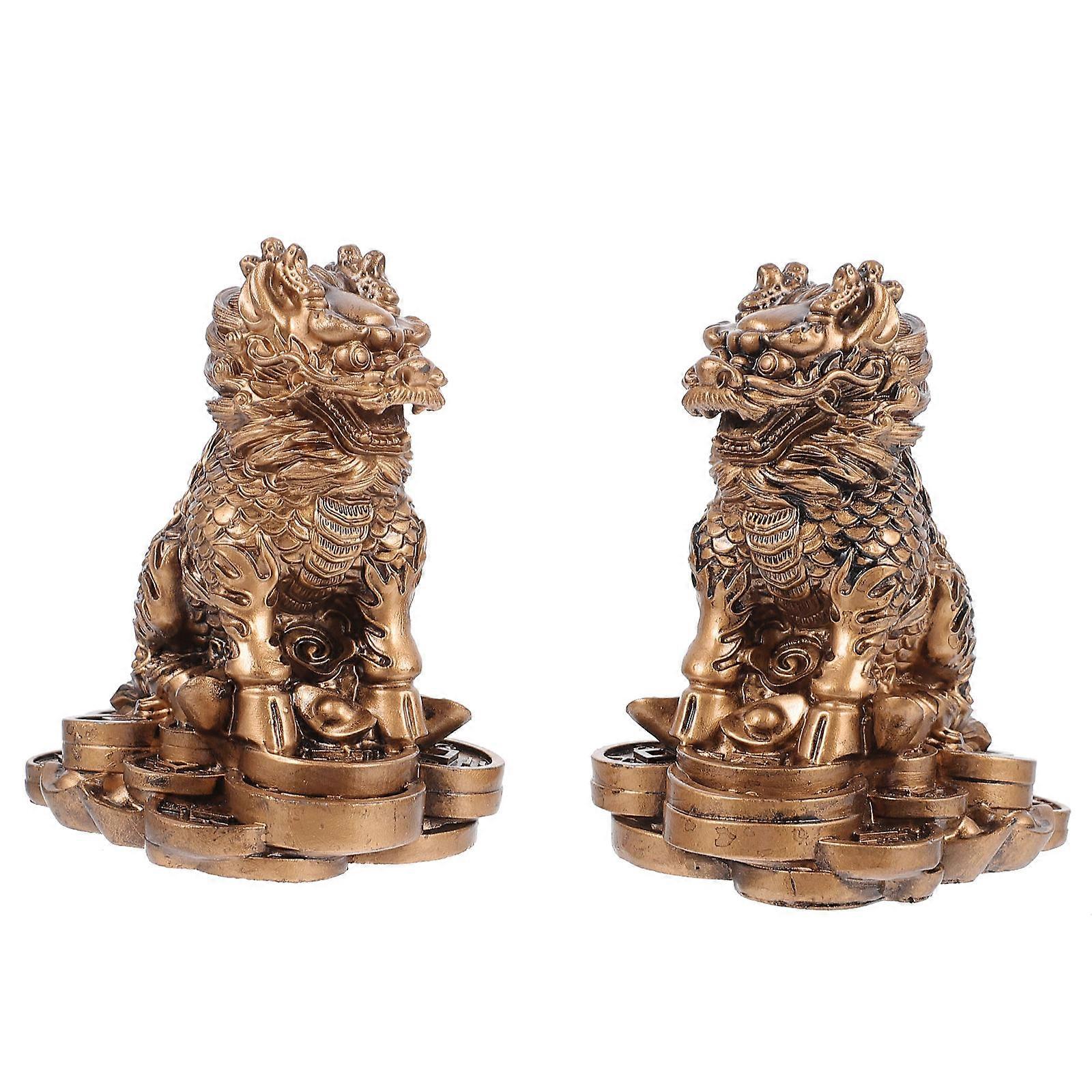 Decorative Kylin Models Home Desktop Figurines Feng Shui Items Golden Resin Ornaments 1 Pair