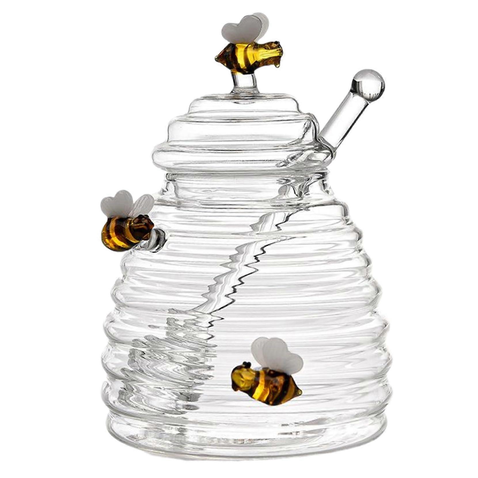 Honey Pot 500ml Glass Honey Jar with Dipper and Lid, Transparent Drizzler with Cute Honeybees Design for Syrup Storage