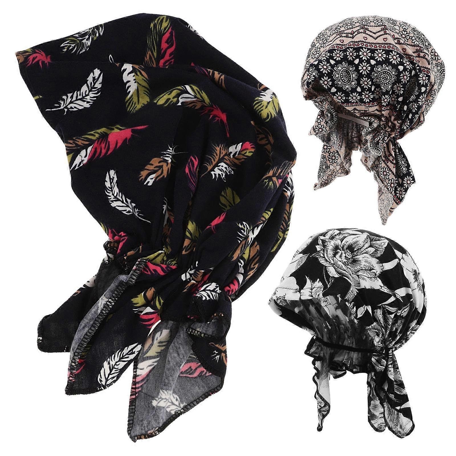 Multipurpose Cotton Hat Long Tail Chemo Caps for Home Housework Assorted Color for Sleeping 3Pcs
