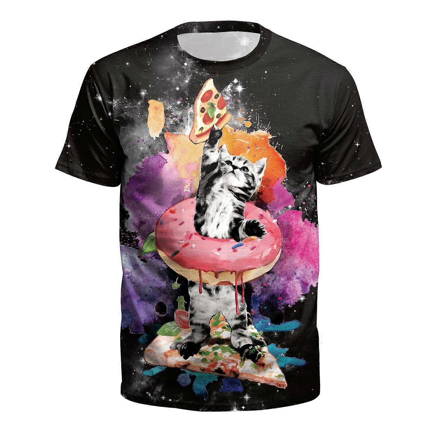 Funny Galaxy Cat T-Shirt 3D Donut & Pizza Print Tee for Men