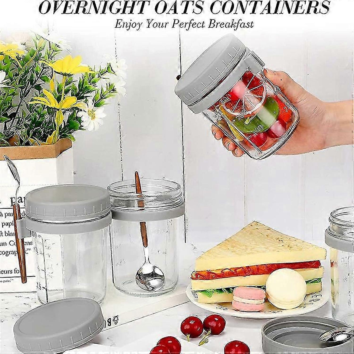 4Pcs Overnight Oats Containers with Lids & Spoons, 12 Oz Oats Jars