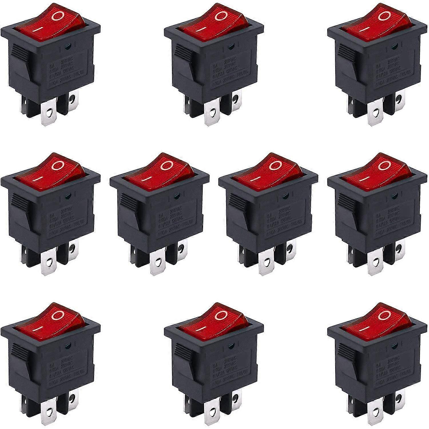 10Pcs AC 250V/6A 125V/10A On/Off DPST 4Pin 2Position Mini Boat Rocker Switches Rosso