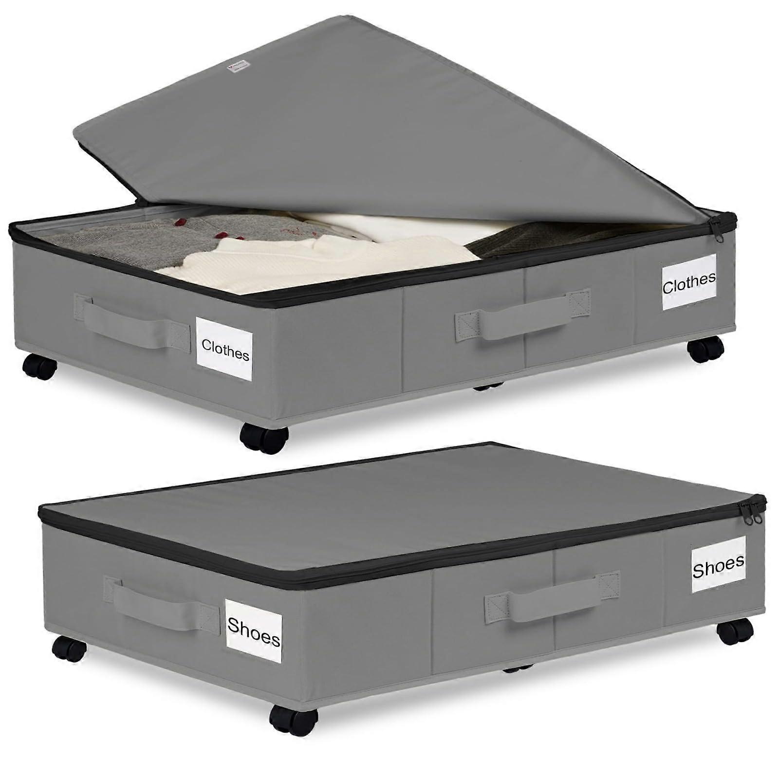 Underbed Storage Box With Wheels 50L 2Pack Foldable With Lid And Zipper Gray Large 2Piece Set For Clothes Shoes Blankets