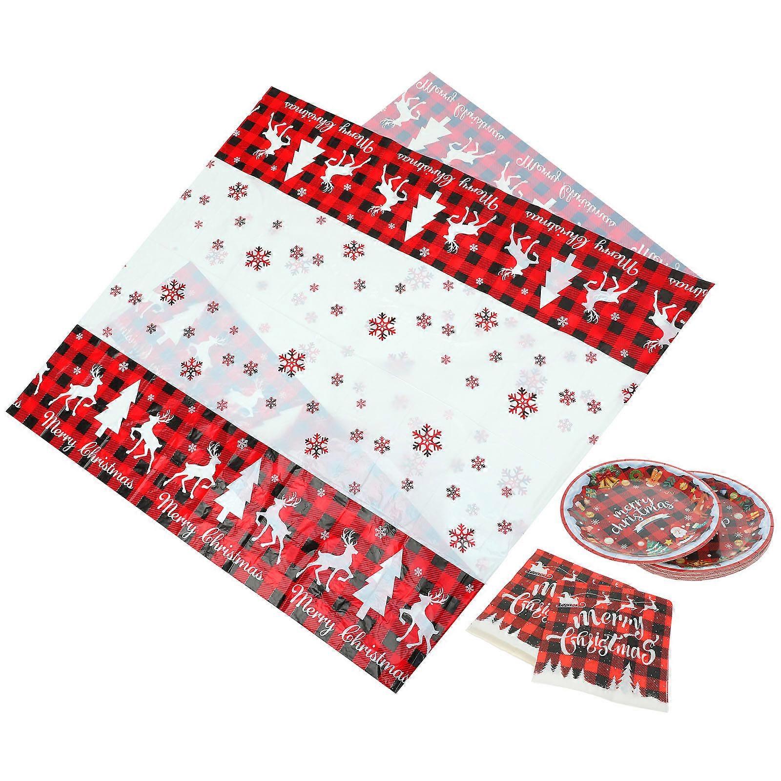 Xmas Tableware Set Plates Napkins Tablecloth for Party Use 1Set