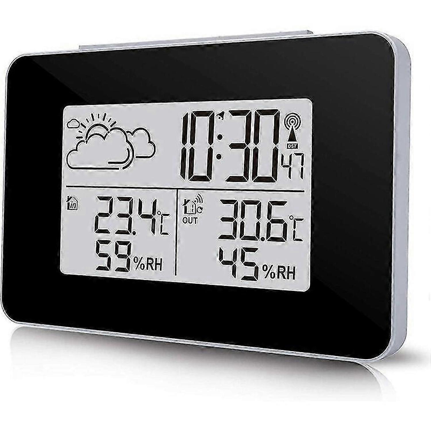 Wireless Weather Station, Multifunctional Digital Weather Clock with Outdoor Weather/Temperature/Humidity/Backlight/Snooze Alarm One Function (Black)