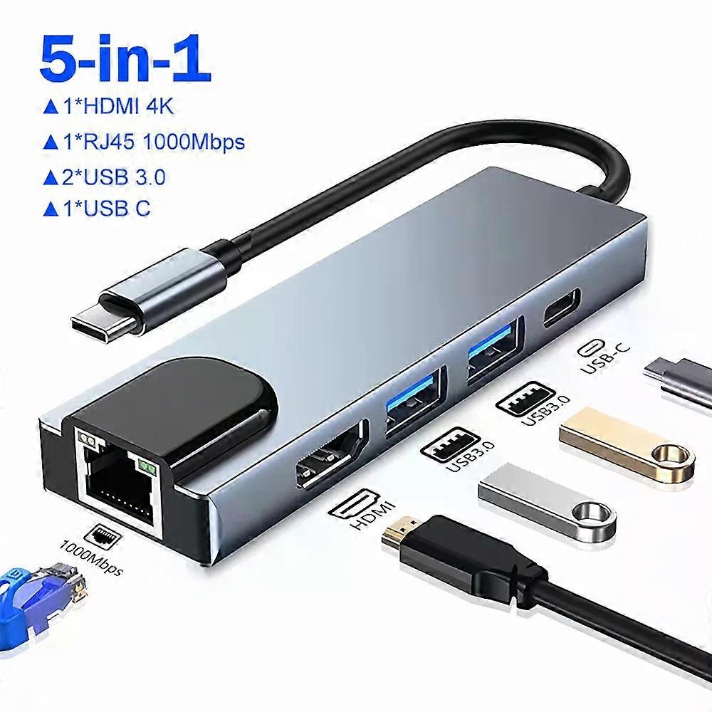 5-in-1 USB C Docking Station Type C to 4K HDMI Adapter 1000M RJ45 Splitter USB 3.0 5Gbps High Speed USB C HUB For Laptop Macbook