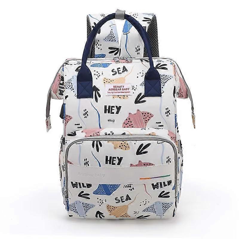 Diaper Bag BackPack Hands  Multi Function Waterproof Diaper BackPack USB Port Travel BackPack Unisex White Blue