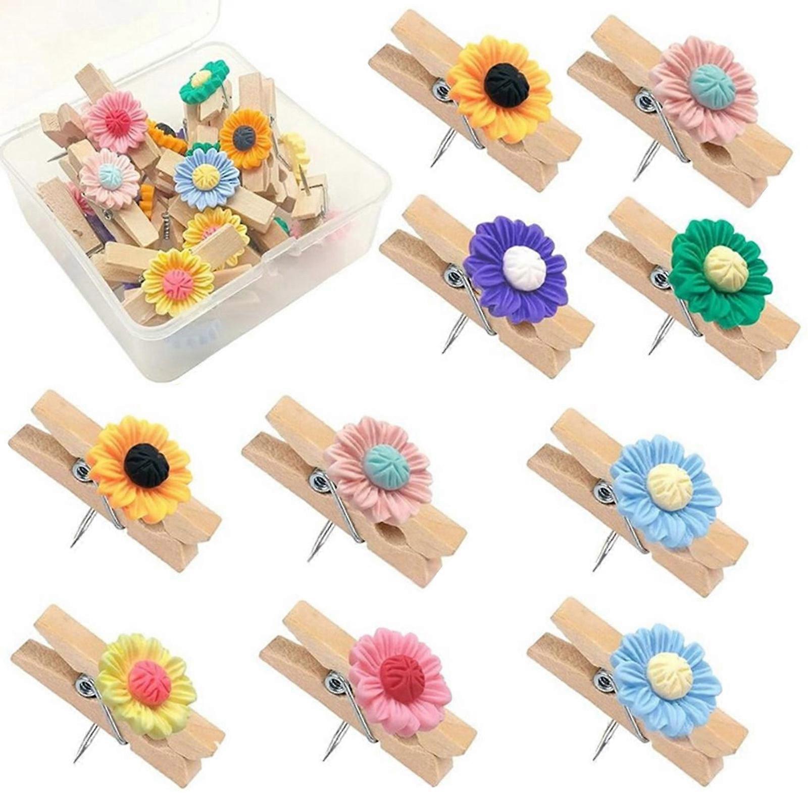 Mixed Color Floral Push Pins Bucolic Wooden Thumbtacks For Memo Boards Photo Collages School Projects Multicolor