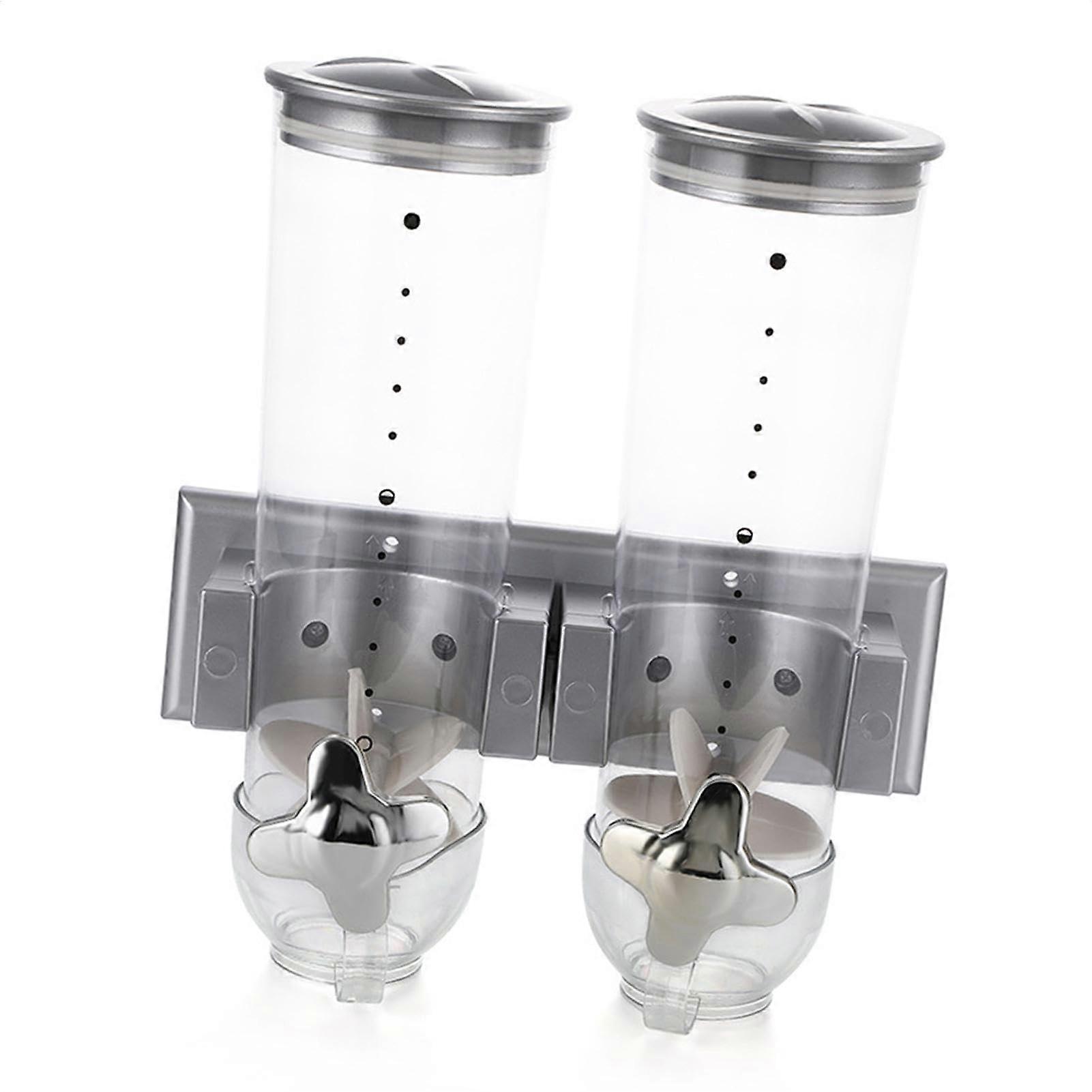 Wall Mount Container Dry Food Dispenser 1.5L Double Compartment Silver Cereal Storage Bin for Small Rack