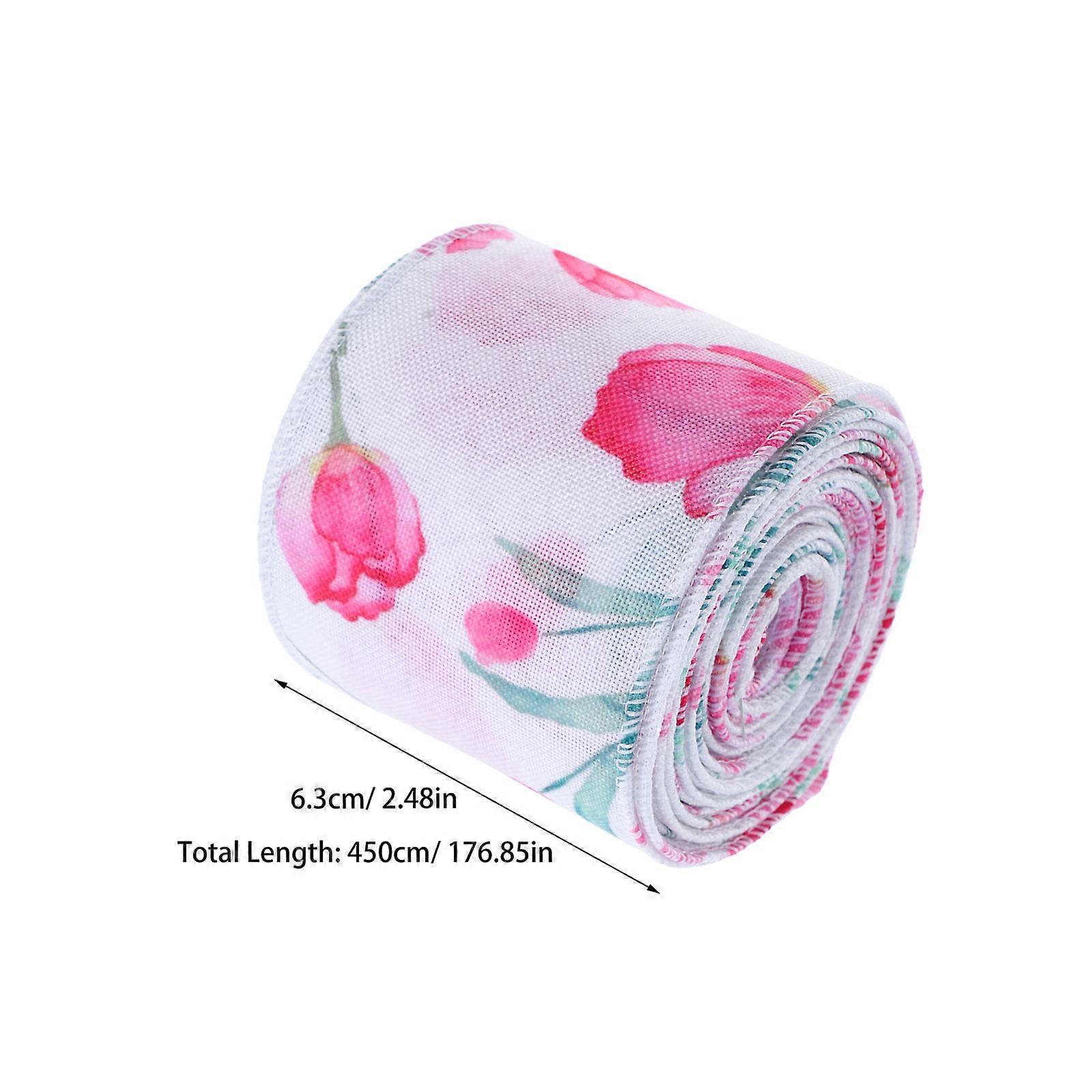 White Spring Ribbon with Floral Print for Handmade Decorations 1 Roll Wired Edge