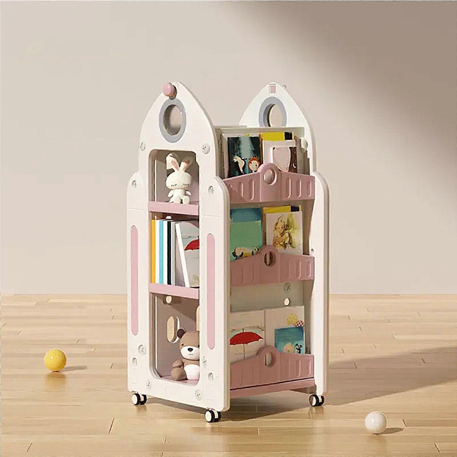 Kids Rotating Bookshelf on Wheels 4 Tier Bookcase for Small Spaces Picture Book Storage Pink