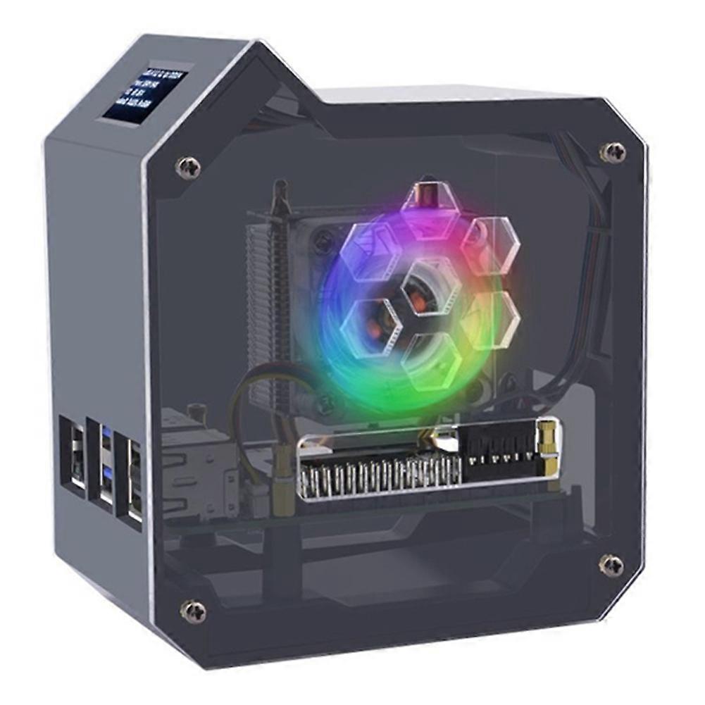 Für Raspberry Pi 5 Tower Fan Kit Gehäuse Kupferrohr Eisturmlüfter PWM JST 4Pin Port RGB LED mit 0,96 Zoll OLED Display