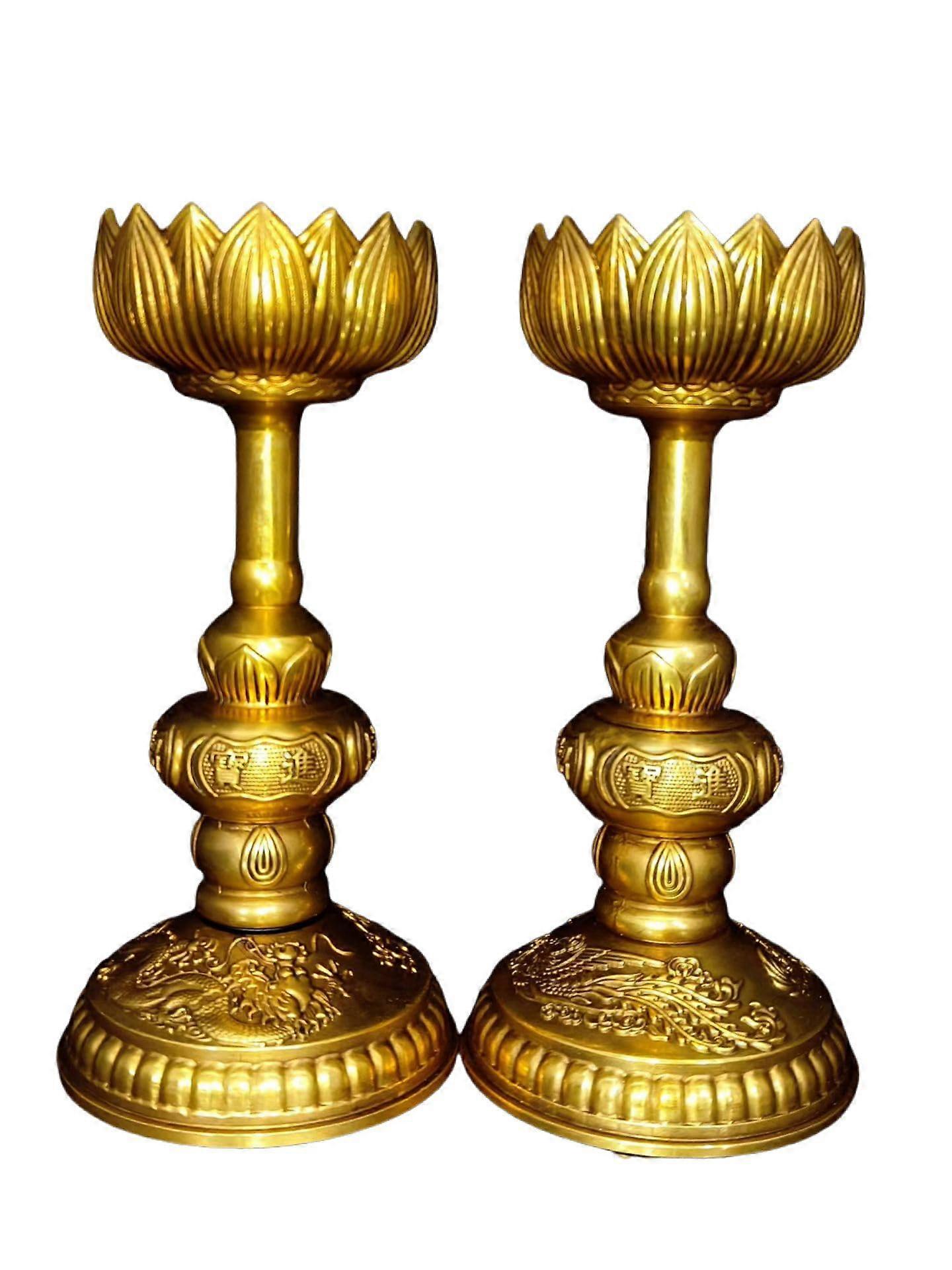 Gold Brass Lotus Candlestick Holders with Dragon Design, Set of 2 for Home Decor