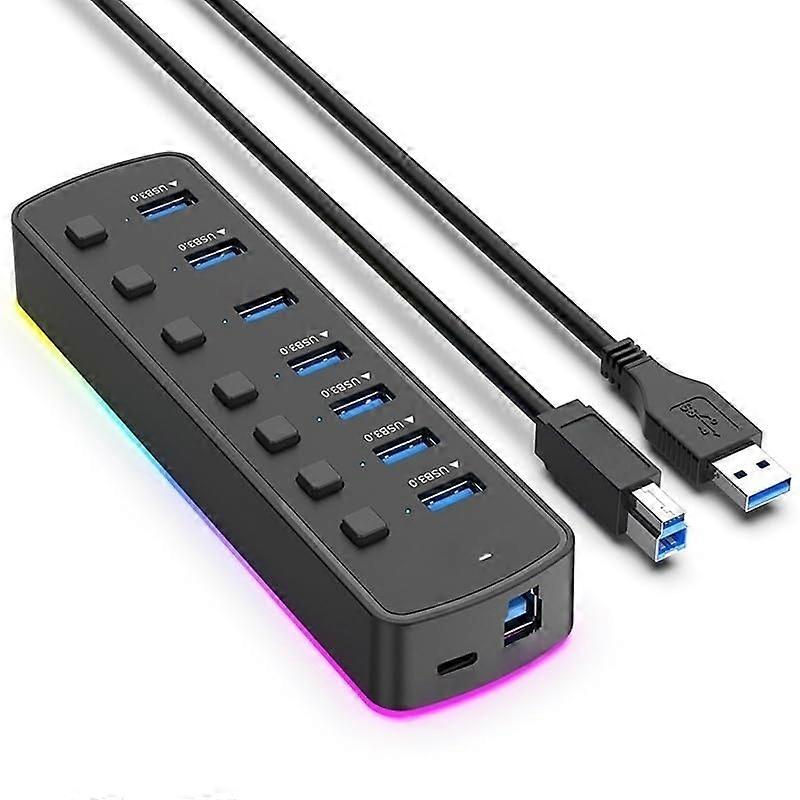 RGB USB 3.0 Hub 7Port with Individual LED Switches and 1m Cable for Laptop and PC Expansion