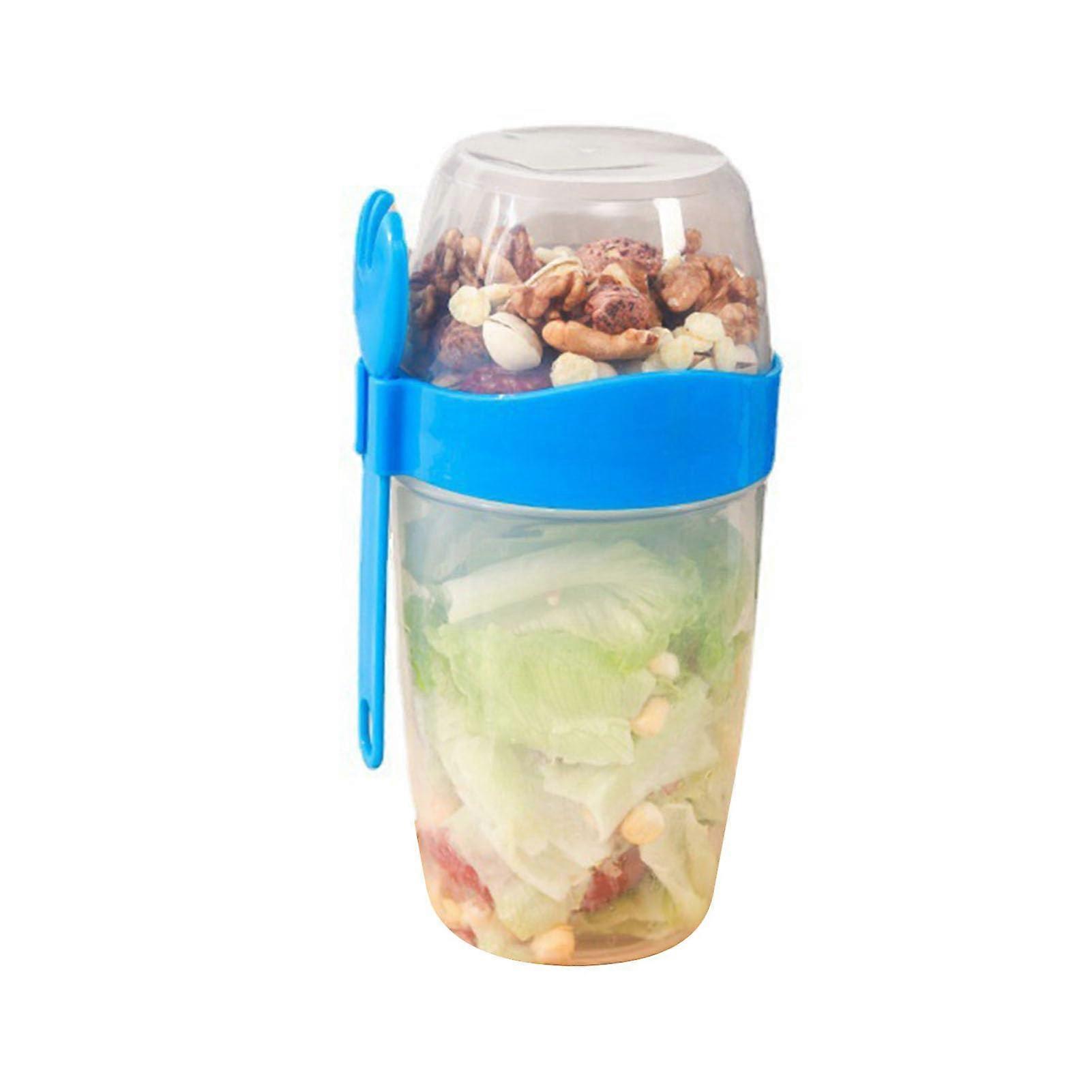 Portable Salad Container with Dressing Holder, 1070ml Leakproof Cereal and Yogurt Cup with Spoon and Fork for Travel Lunch Breakfast Blue