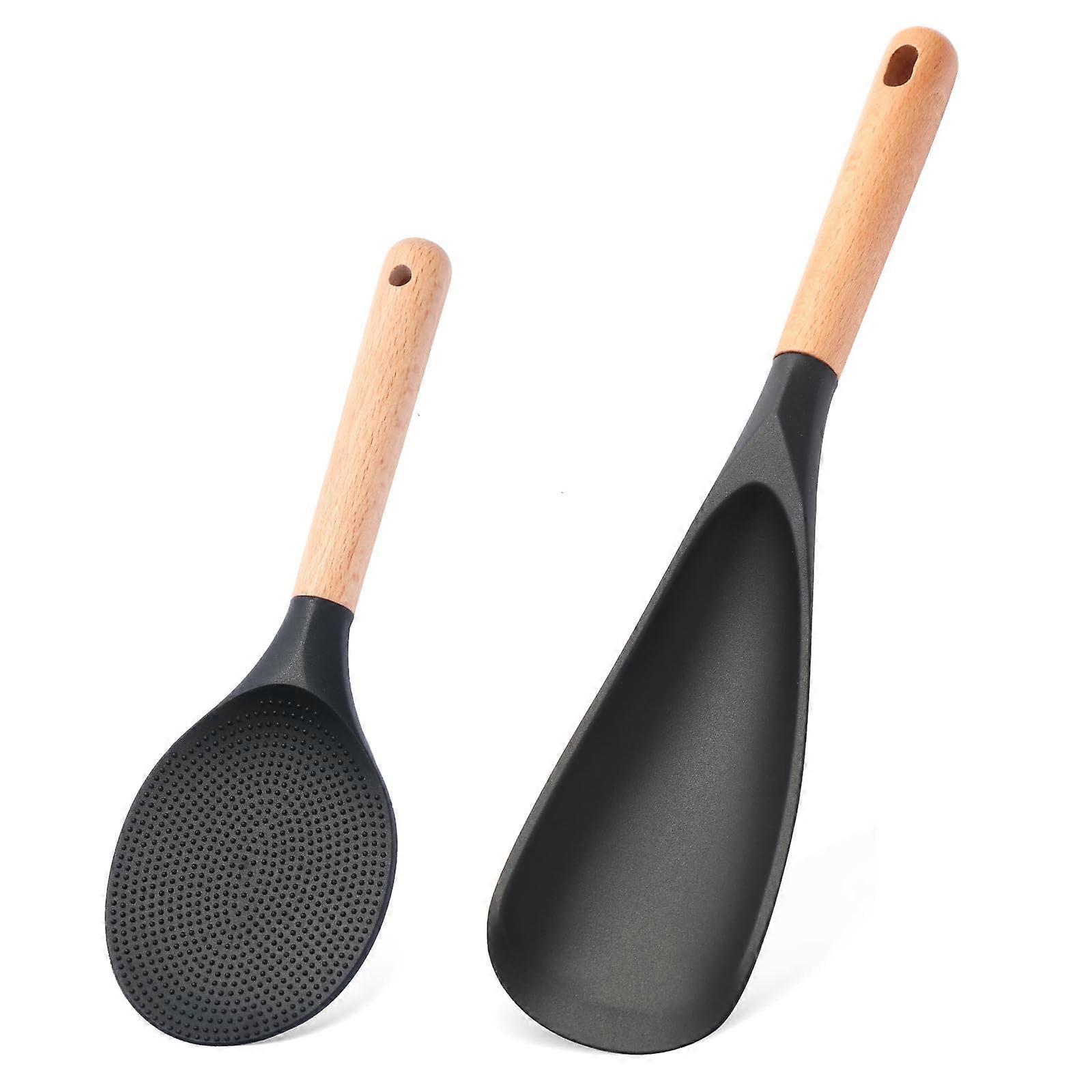 Silicone Cooking Spoon Set with Wooden Handle, BPA Nonstick Utensils for Mixing and Serving, Black 2 Pcs