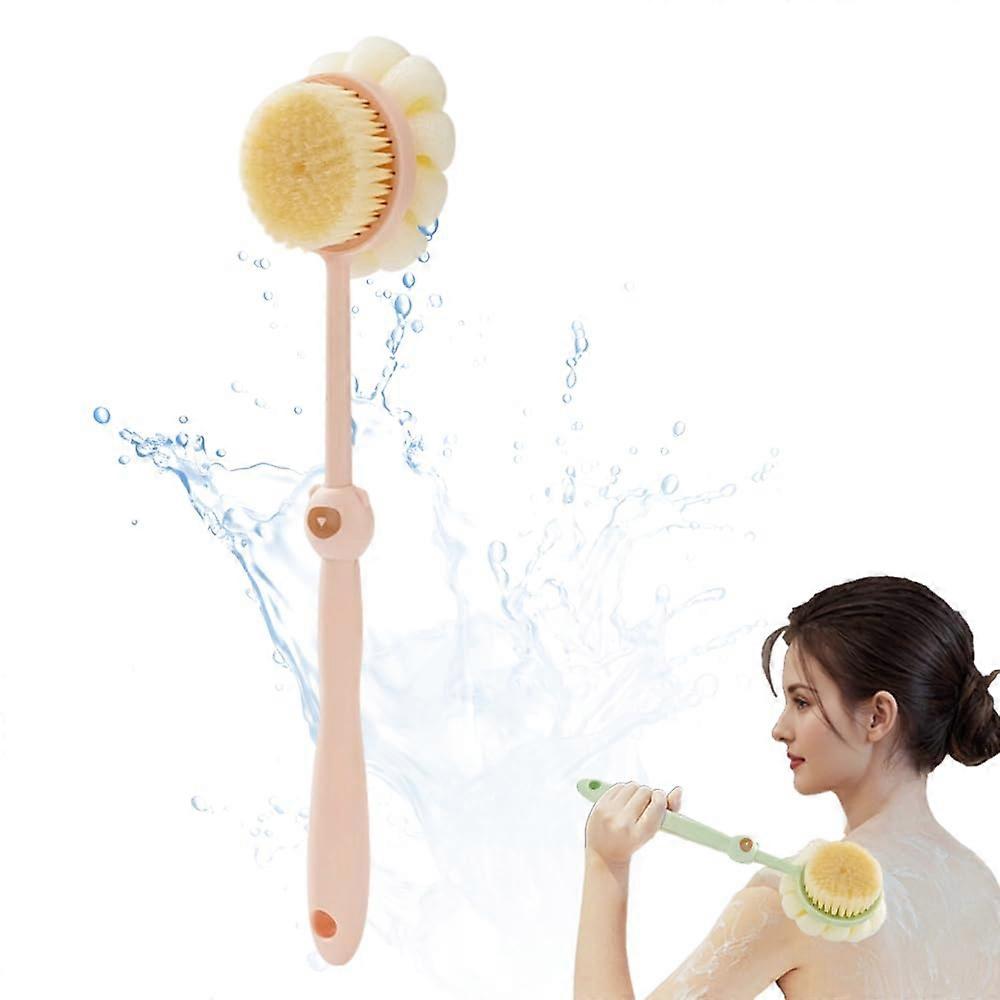 Shower Body Brush DualSided with Bristles and Loofah, Long Handle for Wet or Dry Use, Pink