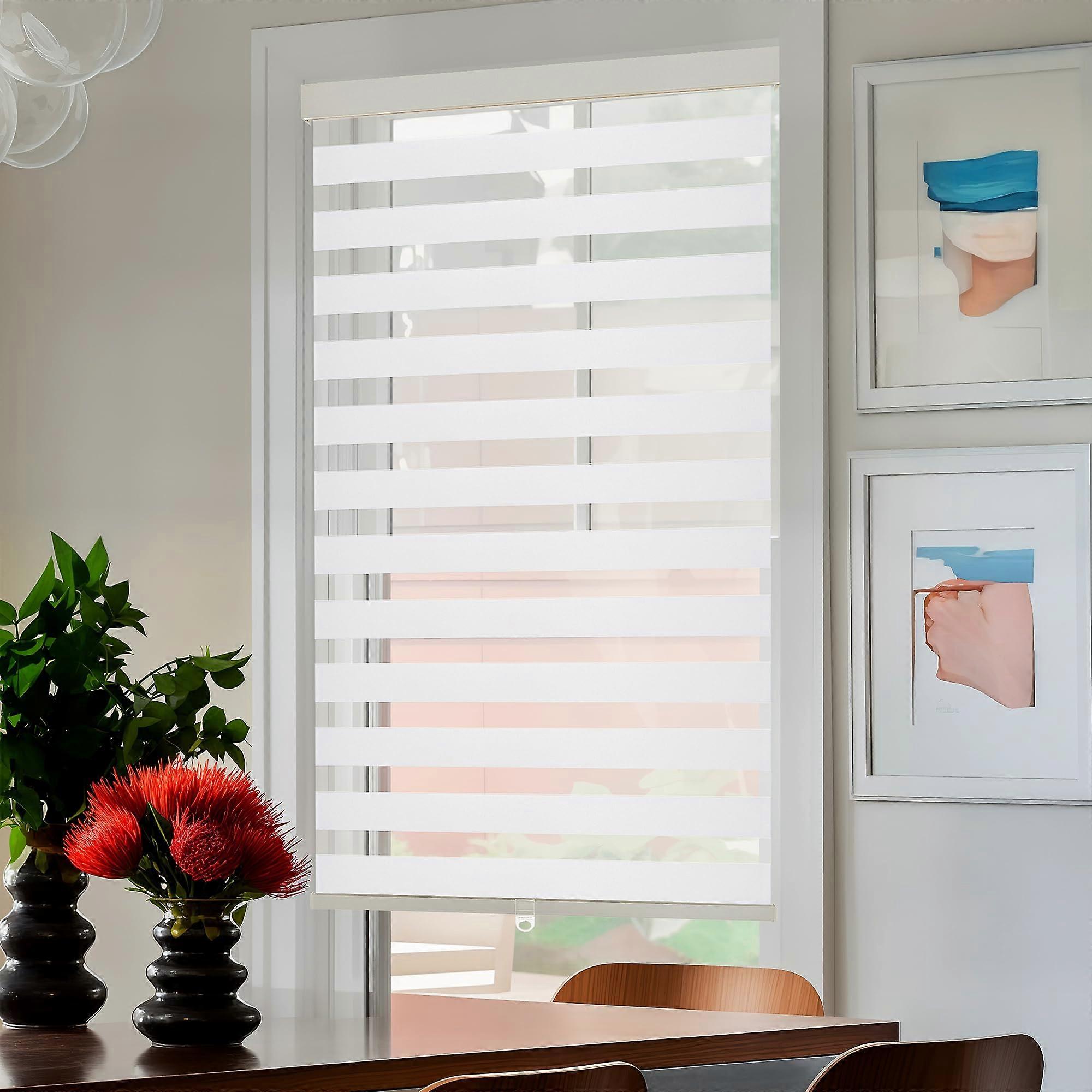 Cordless Zebra Blinds White 34x64 Inch Light Filtering Dual Layer UV Protection for Day and Night