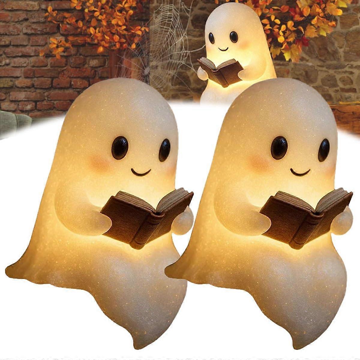 Ghost Lamp, Cute Ghost Reading Book Light, Warm Ambient Glow Resin Decor, Battery Powered 8.6' 2PC