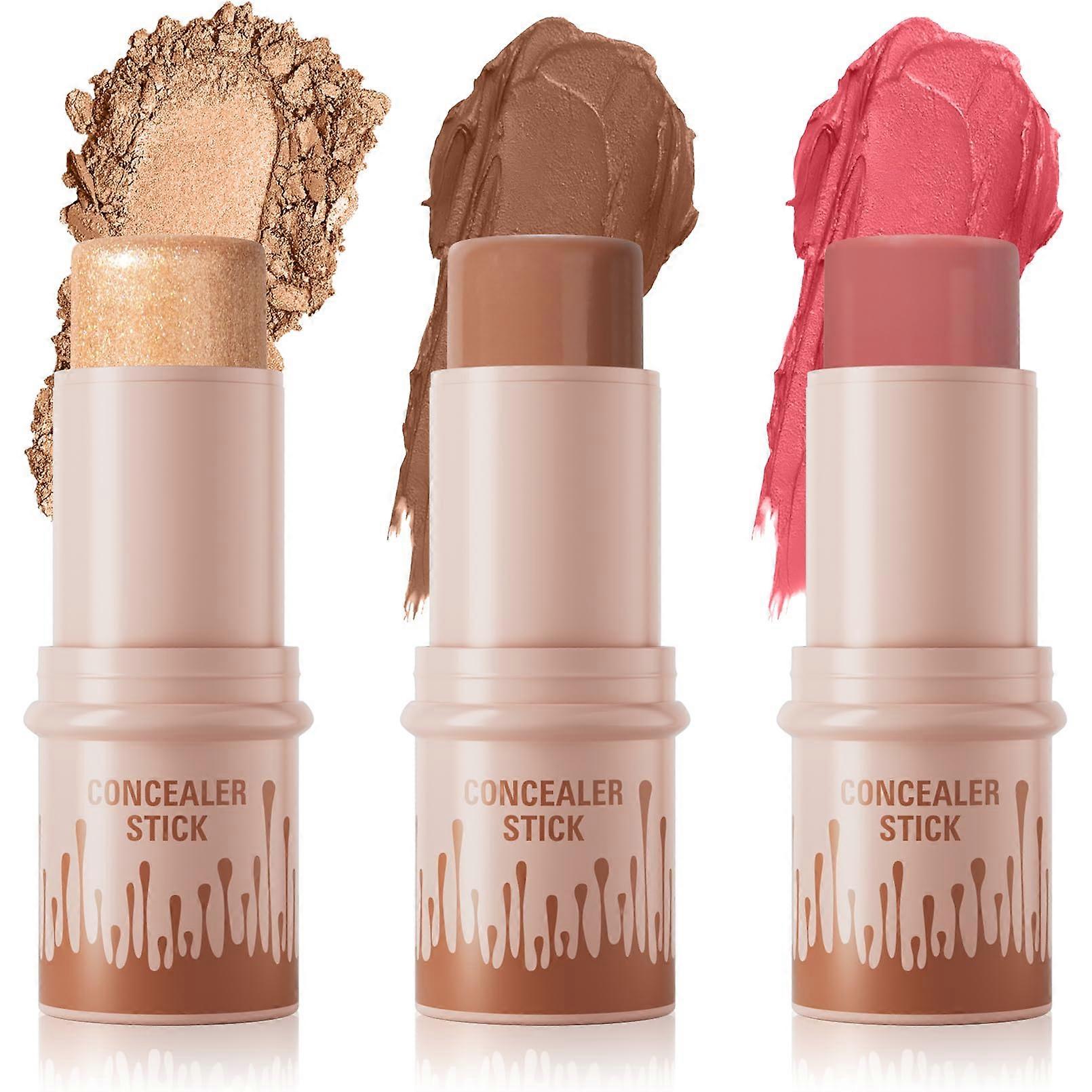 Waterproof Concealer Stick Set with Green Corrector, Highlighter and Bronzer, Long Lasting Coverage