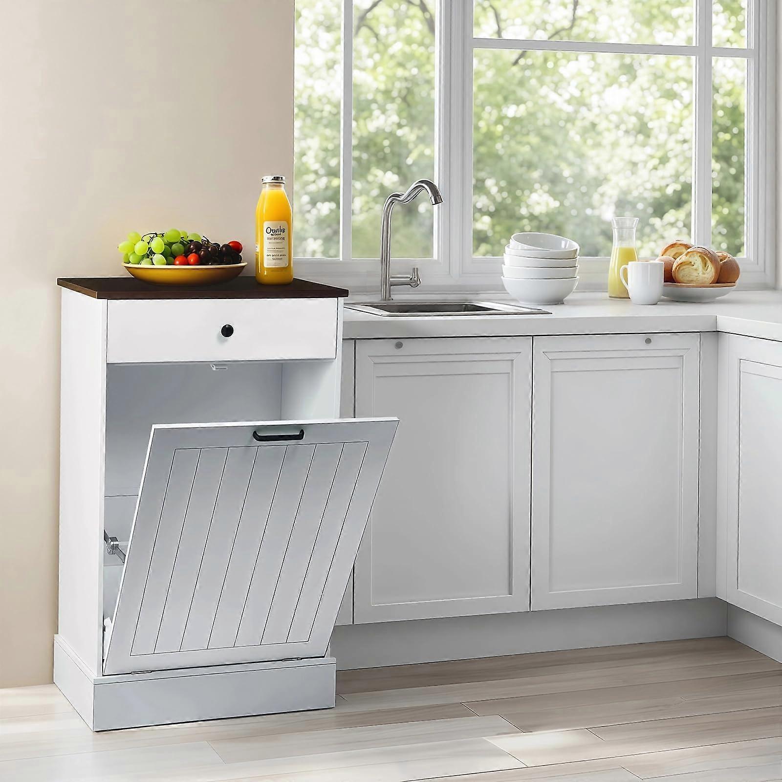 White Tilt Out Trash Cabinet with Drawer, Hidden Kitchen Garbage Bin Storage for Bathroom Laundry