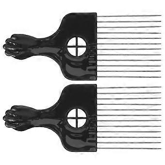 Conjunto de 2 pentes de aço com agulhas para estilizar o cabelo, com cabo de plástico marrom.