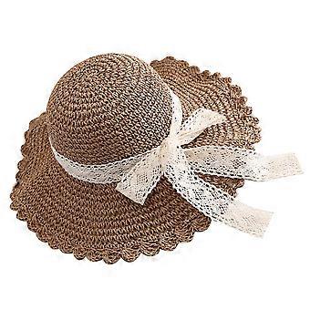 Sombrero de paja de diseño Bowknot de encaje de café ligero Sombrero de protección solar Visera de ala ancha Playa de verano plegable para decoración al aire libre (talla M, 56-58 cm)