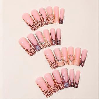 Faux ongles longs carrés marron à la française, ornés de strass incurvés, effet léopard brillant, motif cœur et perles. Couverture complète, réutilisables.