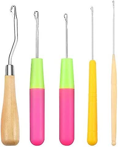 5 Pieces 5 Different Size Bent Latch Hook Crochet Needle Hook, 1 Pieces Wooden Bent Latch Hook and 4 Size Plastic Latch Hook, Set of 5