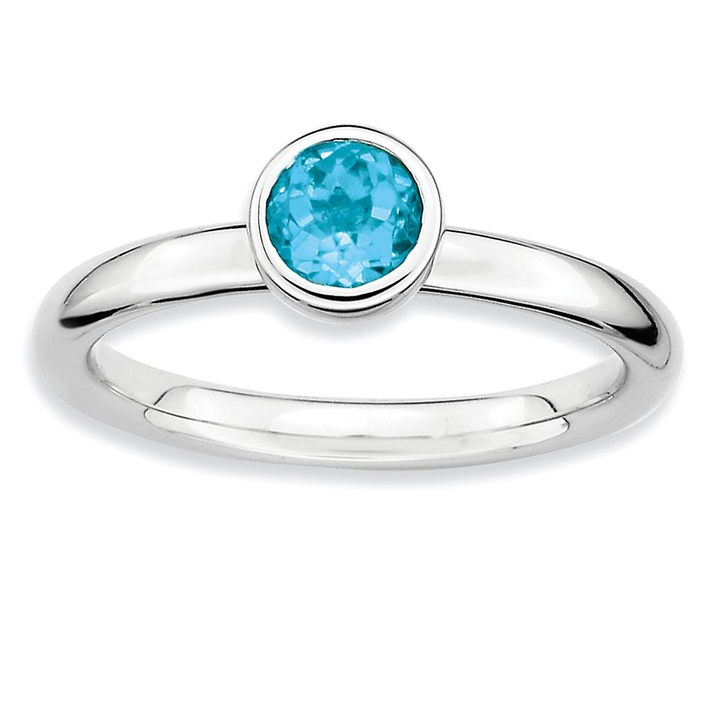 925 Sterling Silver Bezel Polished Stackable Low 5mm Round Blue Topaz Ring Stackable Ring for Women - Ring Size: 5 to 10