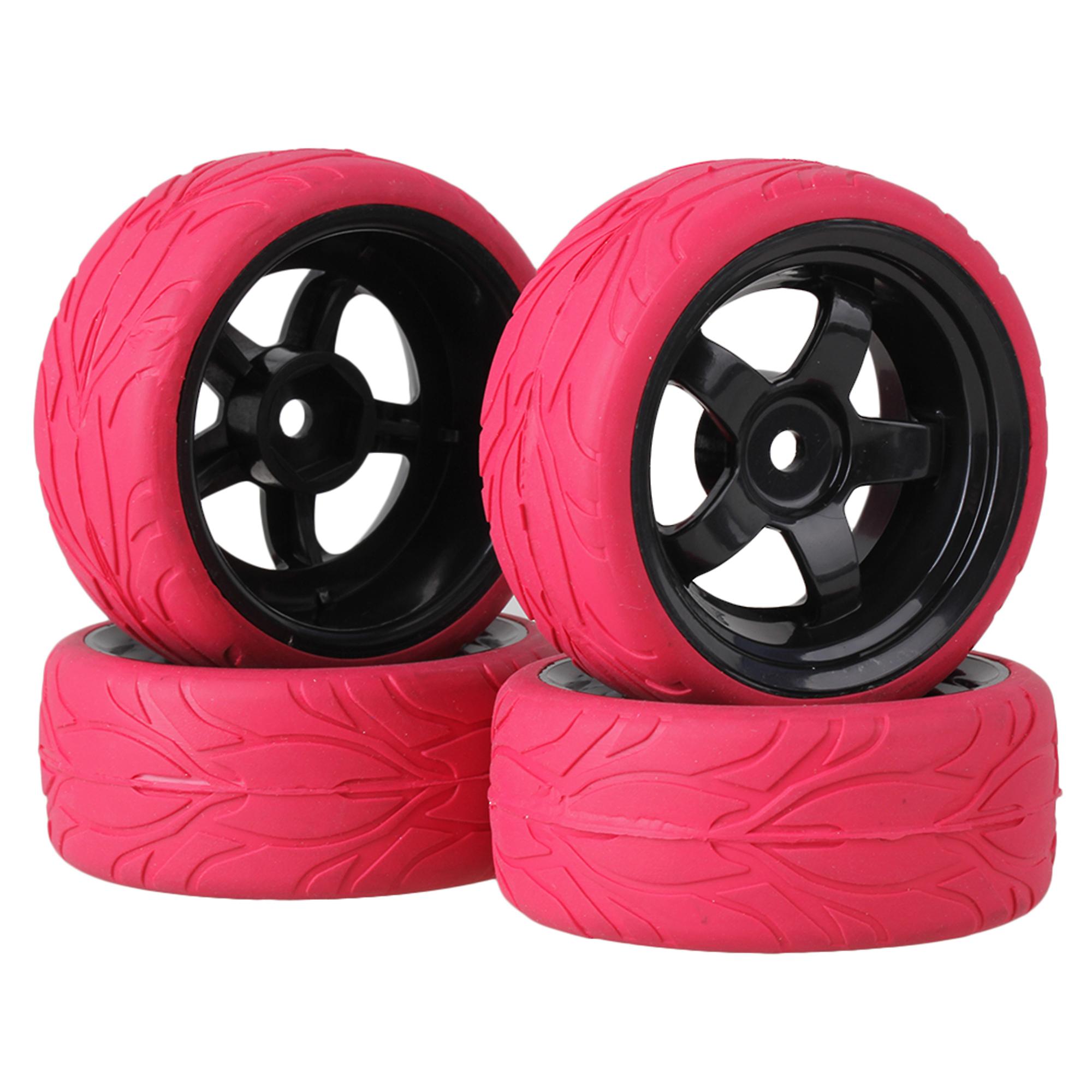4x Red Fish Scale Rubber Tyre Black5 Spoke Wheel Rim for RC1:10 On Road