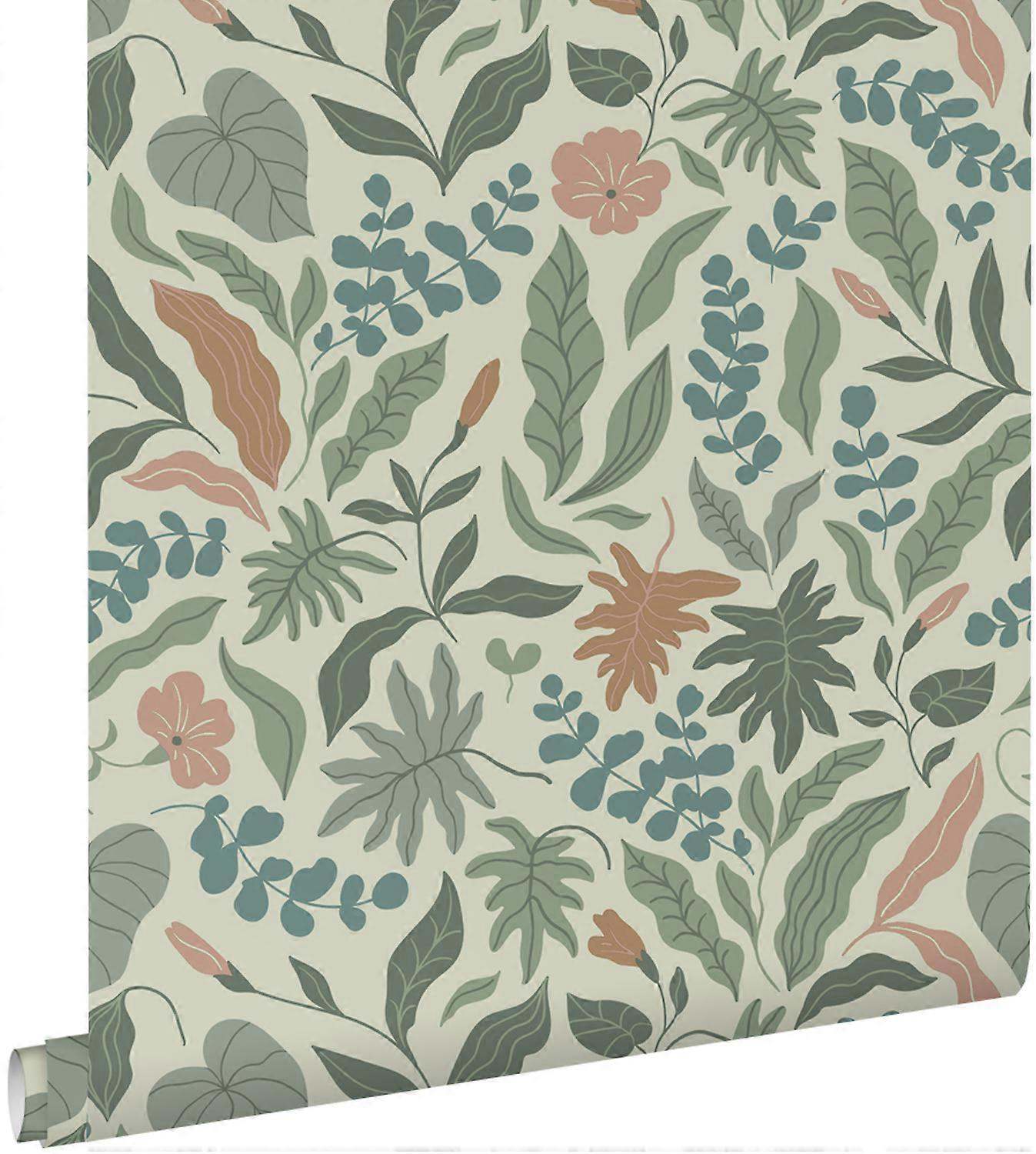 ESTAhome papier peint feuilles et fleurs vert foncé, bleu et rose - 50 x 900 cm - 131053