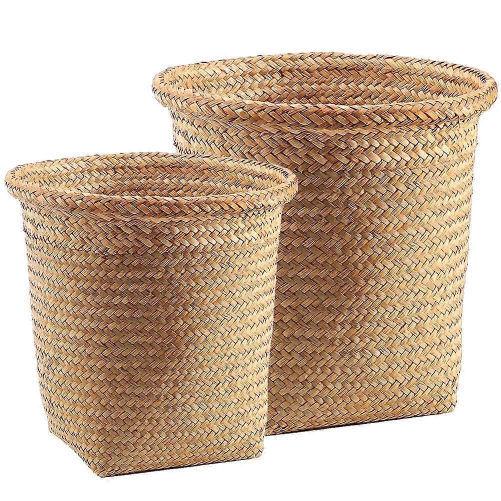 2pcs Woven Wastebaskets Decorative Round Trash Cans Garbage Container Baskets