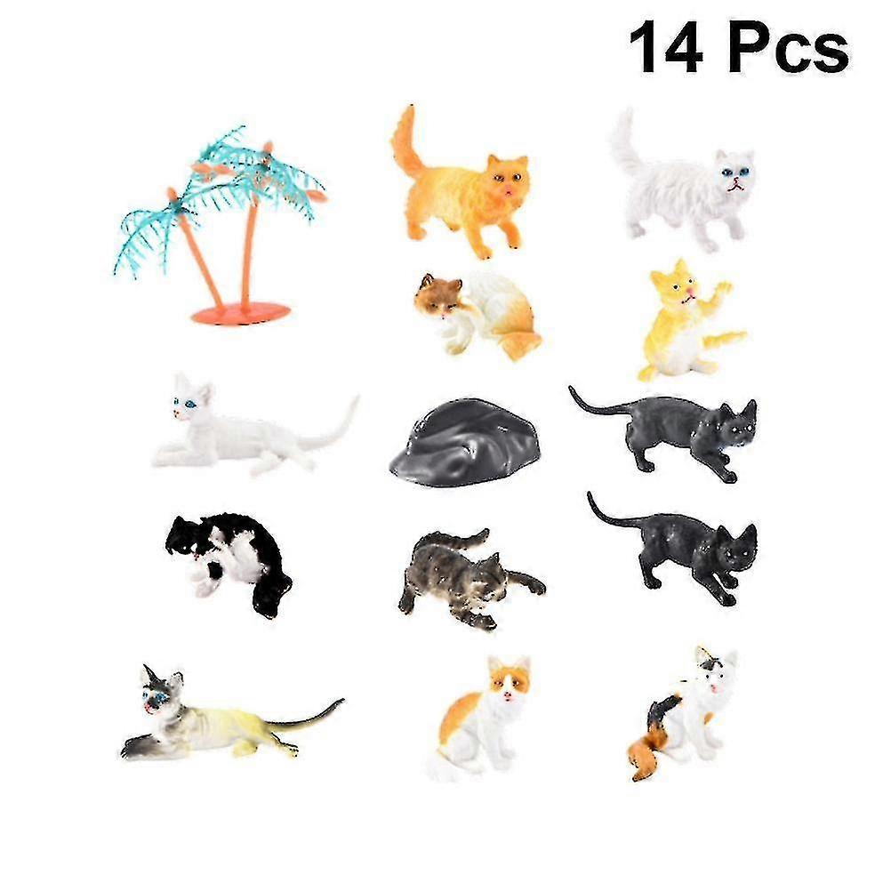 14pcs Simulation Cat Model Toy Ornaments Kitten Persian Cat Domestic Cat Children Educational Toy Model 12pcs Kitten Coconut Tree And Stone